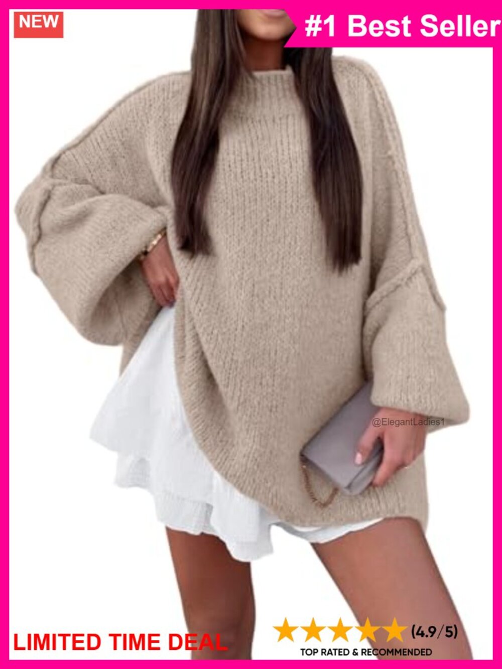 Women's Oversized Mock Neck Batwing Chunky Knit Sweater Pullover